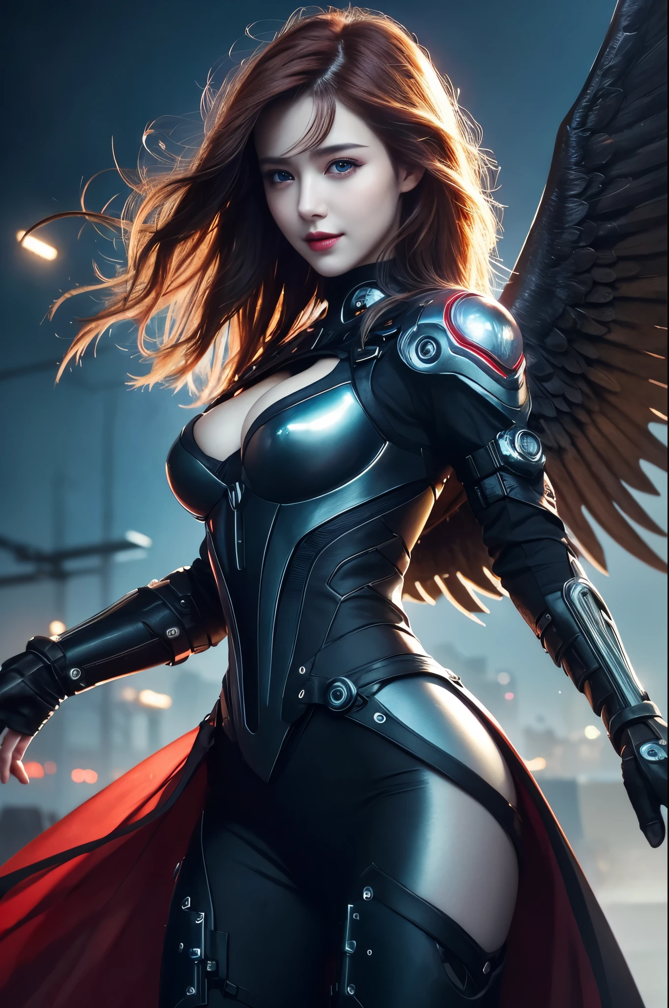8K,White-winged angels flying in the moonlit night,Super Beauty(Like the real thing),天使の白いLong dress,Beautiful smile,Highly detailed illustration, Ultra-high resolution, masterpiece, highest quality, Perfect glowing skin, Perfect lighting, Detailed lighting, Dramatic Shadows, Ray Tracing, Looking at the audience, Small breasts, Beautifully detailed hazel eyes, Sharp Face, Clear Eyes, Red lips, Long bangs, Short Curly Hair, Red hair, ((Cyberpunk Dark City)), Upper Body, Blue combat suit, Military Harness,masterpiece,highest qualityのフォトリアリスティックなRAW写真。Bright colors,Rich colors, Backlight, Cinema Lighting, Film Grain, to be born, 50mm lens, Nikon D850,Detailed character art,Fantasy art,Ultra-high resolution,Ultra-Realistic Skin,Perfect hand shape,Big white wings,Blonde,Blue Eyes,Long dress,Flying through the sky at night,