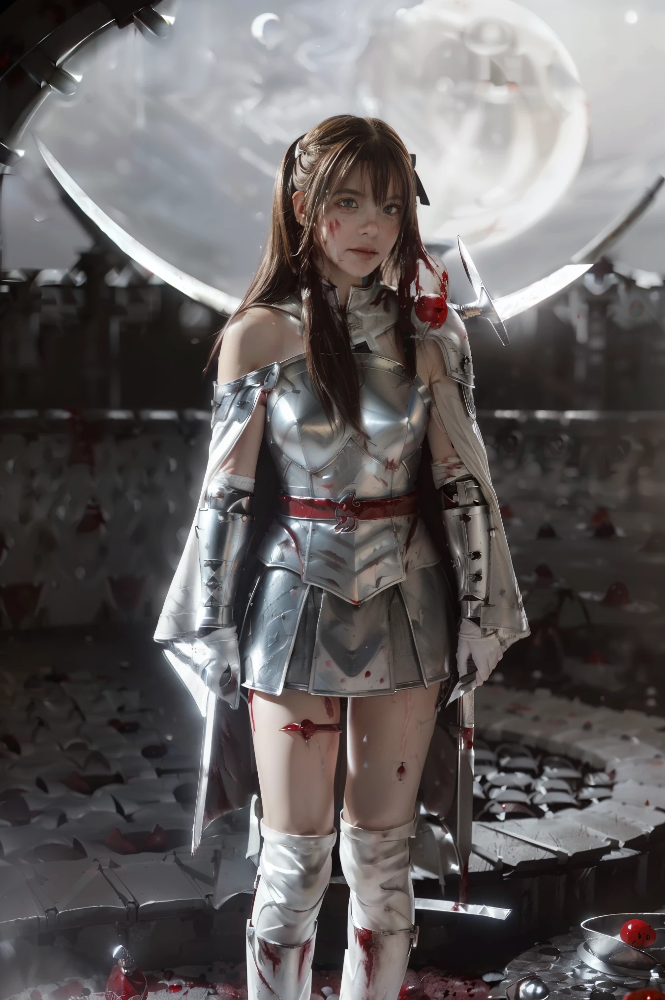 8k,(Asuna(sao): 1.6),one Girl, Solo,(perfect anatomy:1.43), (medium Hair:1.55) ,(Half Up:1.45),Bangs, Brown Eyes,Fine Eyes,(sad smile:1.3),white thighhighs,(Brown Hair:1.6),blood-soaked boots,(18 years old:1.5),Full Body,(fusion of bloody white silver full plate armor and blood-soaked long cape:1.63),(Bare Shoulders:1.5),(mini Skirt:1.26),(holding blood-soaked one rapier:1.43),(standing on moonlit night blood pool battlefield:1.52),Fantasy,(blood effect:1.53),pov,eye-level view,(drop shadow:1.21)