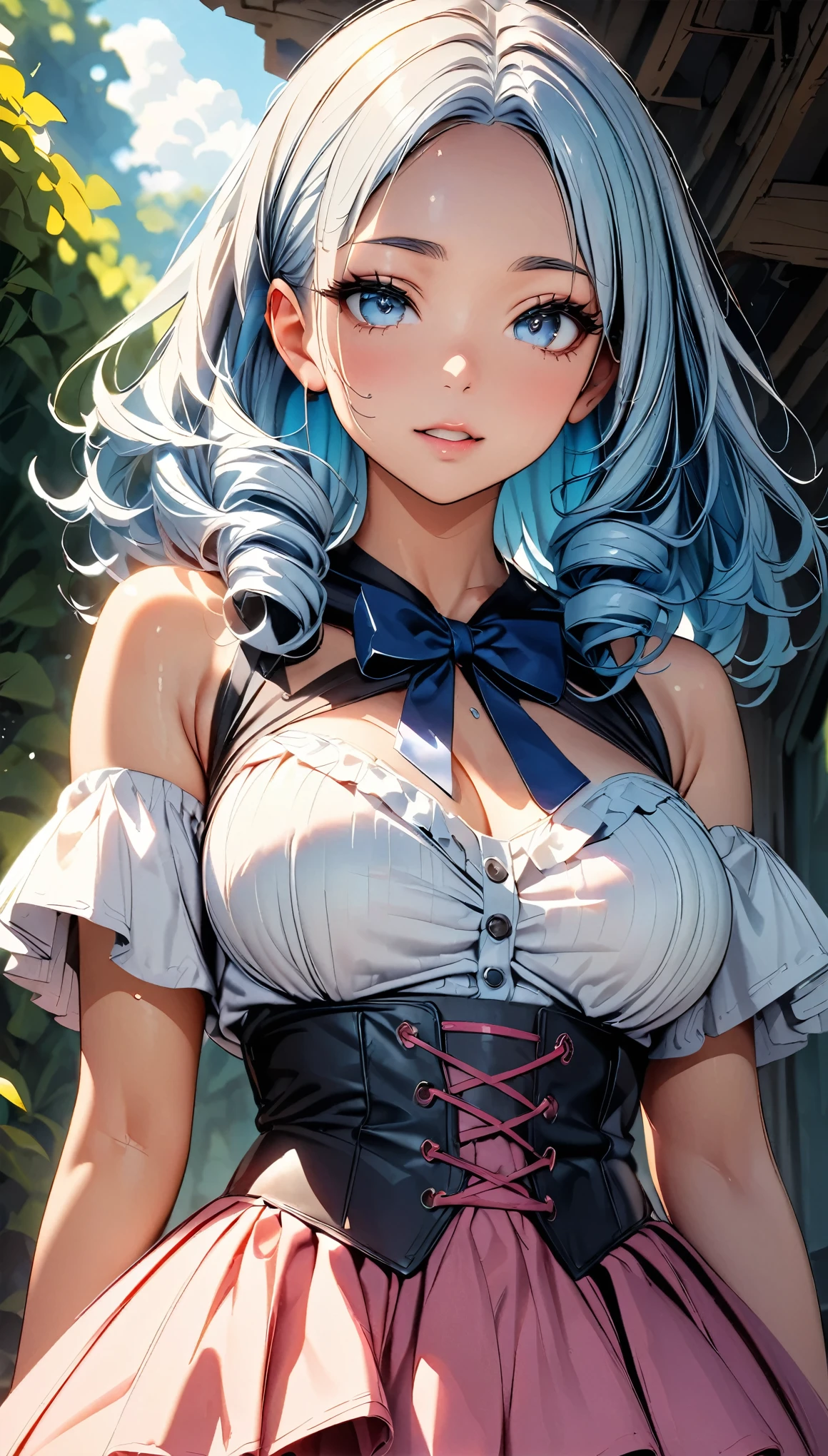 巨作, Best quality, comic strip,1girl huge large breasts, Breast-Large, (Smoking, cigarettes), dynamic view, The wide-angle,Cowboy shot, beautiful emphasizing on face and eyes, sweetly detailed,intricate scenery, Contrast,[Rust,Silver,blood],professional coloring,sumptuous artwork,artistic representation of devastation, twisted romantic aesthetic,(illustration,extremely precisely drawn:1.2), A high resolution,Best quality