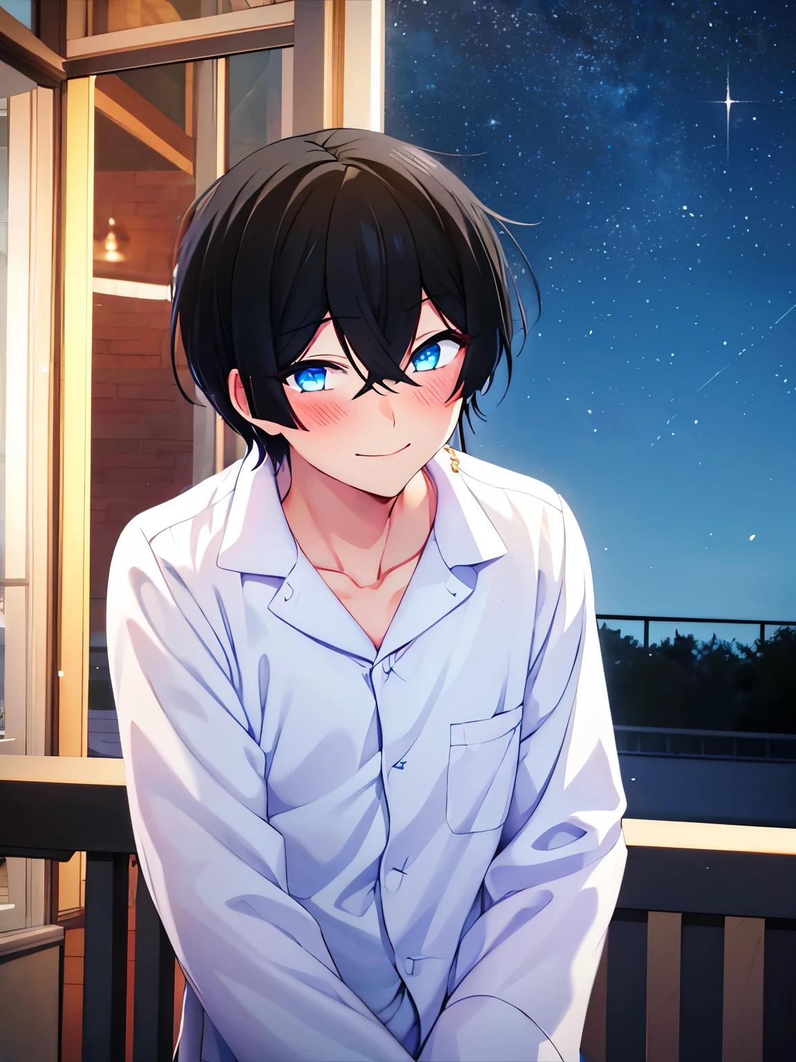 1boy,on the balcony, night,talking, smile,blush,black hair, blue eyes, white pajamas,pajamas,close up photo