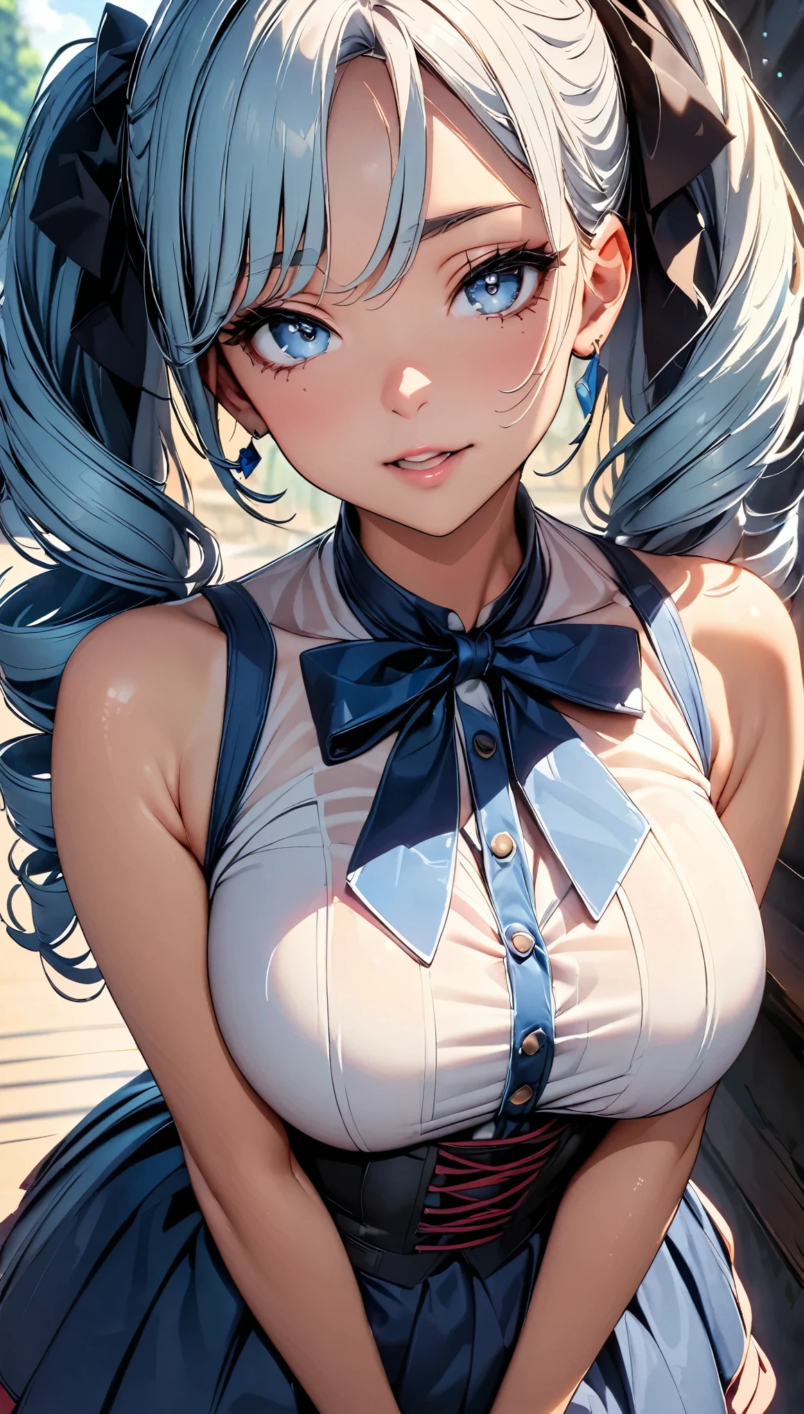 8K picture quality、top-quality、masutepiece、An ultra-high picture quality、ultra-detailliert、Ultra-realistic hair quality、Vibrant colors、Beautuful Women、Beautiful long hair、Shiny hair、detailed hairs、blue hairs、poneyTail、Blue eyes、shinny skin、Lace underwear、Very gigantic-breasts、Sweat on the forehead and cheeks、extremely big ass、Fluffy off-shoulder yukata、A smile、soft pink lips、Ultra-realistic flesh feeling、Red cheeks、summer festival in background