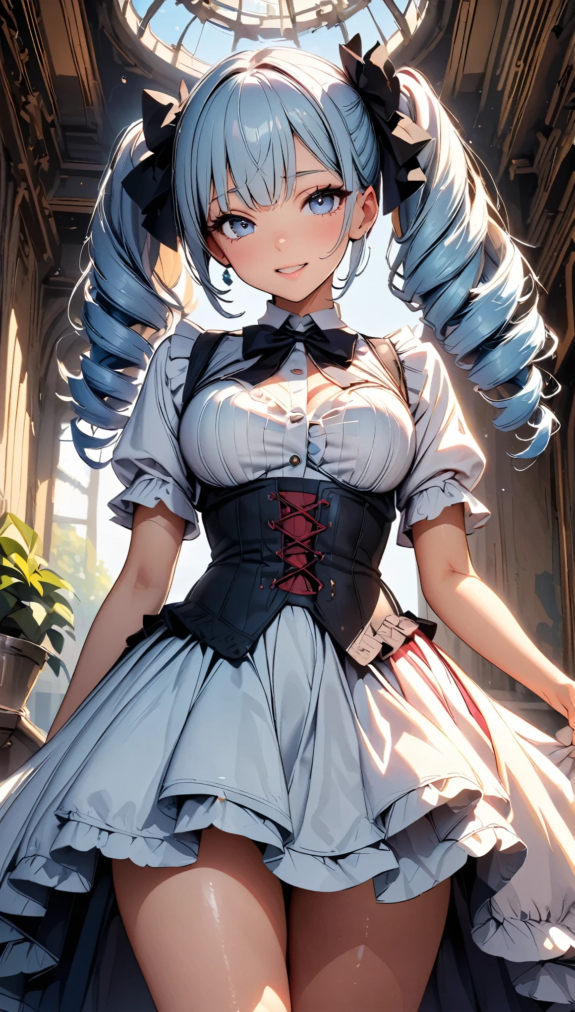 (highest quality, 8k, 4K, High resolution, masterpiece:1.2), Very detailed, Beautiful illustrations, Bright colors, Lens flare, Natural light, one person, woman, Beautiful facial details, Beautiful Eyes, Long eyelashes, Soft lips, (Small face), (Light blue hair, Drill Hair, Light blue eyes), Perfect Face, Shiny skin, (Beautiful breasts), Laughing with your mouth open:1.2, (Frills:1.2, dress, corset), (Staring at the audience, Cowboy Shot), indoor, Light and shadow with attention to detail, Background Blur.