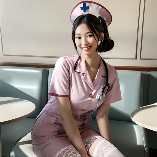 Ray Tracing, (Extremely beautiful Face, lips) beautiful, beautiful目), Elaborately drawn face, ((Highly detailed skin)) 1 girl, 1 female, nurse, nurse cap, Pink clothes, ((White legwear, )),