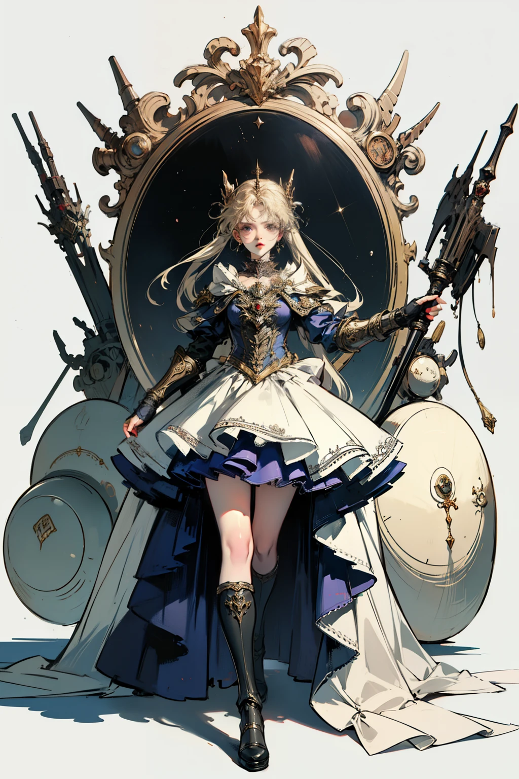 ((best quality)), ((masterpiece)), (detailed), blank white background, plain background, white background, Bloodborne inspired, occult aesthetic, occult, detailed and intricate steampunk and detailed gothic, NSFW, Very dramatic and cinematic lighting, cosmic horror, grim-dark, side-lighting, perfect face, a beaituful goddess adorned and enshrined in armour, Bloodborne inspired , occult aesthetic , occult , detailed and intricate steampunk and detailed gothic , wielding a sword and holding a shield, NSFW, Fluttering lace flared long knee length dress with frilly petticoats, knee length dress, pleated petticoats, lolita dress, petticoats gothic lolita, side-lighting, gothic lolita aesthetic, beautiful small breasts, small breasts, full body, whole body, body, plain background, white background, blank background, no background, white background NSFW, full body, whole body, head-to-toe
