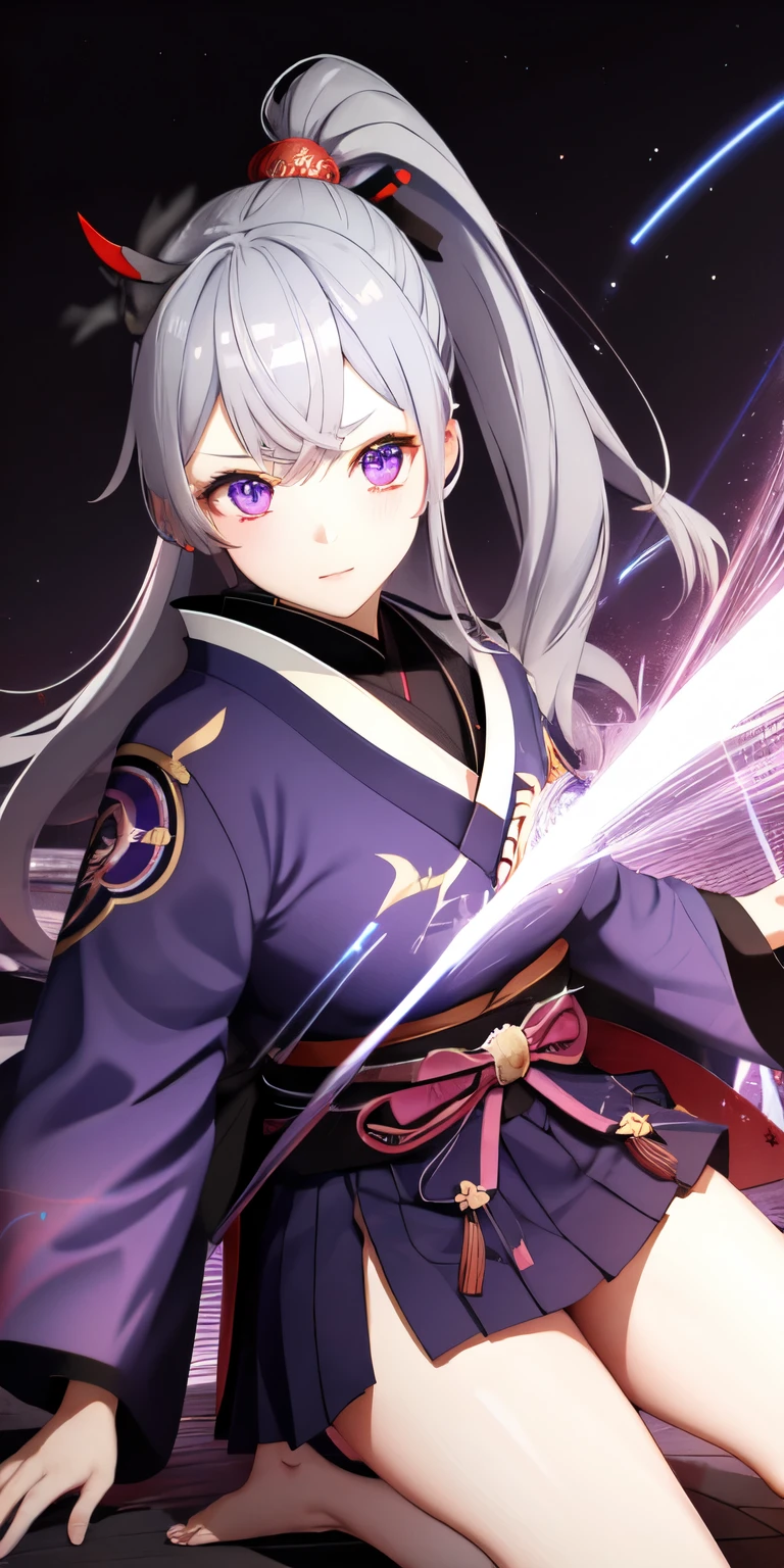 One girl, kimono, ponytail ,Gray Hair, Purple eyes, magic circle, Blue Fire, Blue Flame, wallpaper, landscape, Blood, Blood splatter, Depth of written boundary, night, Particles of light, light, Side light, Thighs, destiny \(series\), Genshin Impact, ****, Open jacket, skirt, Knee socks, cloud