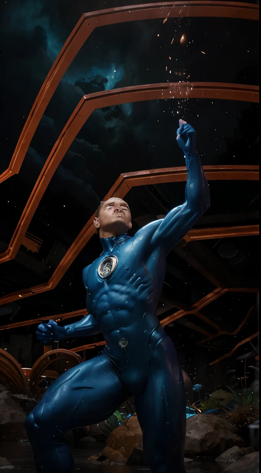 (Best quality, 8k, 32k, Masterpiece, UHD:1.2) "Transform the scene into the fantastical and otherworldly environment of the Negative Zone from Fantastic Four, inspired by the imaginative artistry of Jack Kirby. Picture an alien dimension filled with vibrant, surreal landscapes and otherworldly structures that defy conventional logic.

The sky is an ethereal blend of swirling cosmic colors—brilliant purples, intense blues, and radiant greens—illuminated by strange celestial bodies and energy flares. Floating platforms and jagged, crystalline spires jut out from the ground, their surfaces covered in intricate, Kirby-esque patterns and glowing with an inner light.

In this extraordinary setting, Mr. Fantastic is in action, his limbs stretched to incredible lengths, resembling flexible rubber. His arms and legs extend and coil around the fantastical terrain, adapting to the alien environment with ease. The texture of his elongated limbs mimics the fluid, dynamic lines characteristic of Kirby's art, emphasizing their rubber-like flexibility.

Capture the essence of the Negative Zone by highlighting its chaotic beauty and the surreal, imaginative elements inspired by Jack Kirby's iconic style. The landscape should be filled with floating debris, vibrant energy fields, and otherworldly flora, creating a sense of wonder and danger.

Mr. Fantastic, with his stretched, rubber-like limbs, navigates this bizarre dimension with heroic determination, embodying the spirit of adventure and resilience. The scene should evoke a sense of awe and excitement, showcasing the fantastical elements of the Negative Zone while paying homage to the legendary artistry of Jack Kirby."