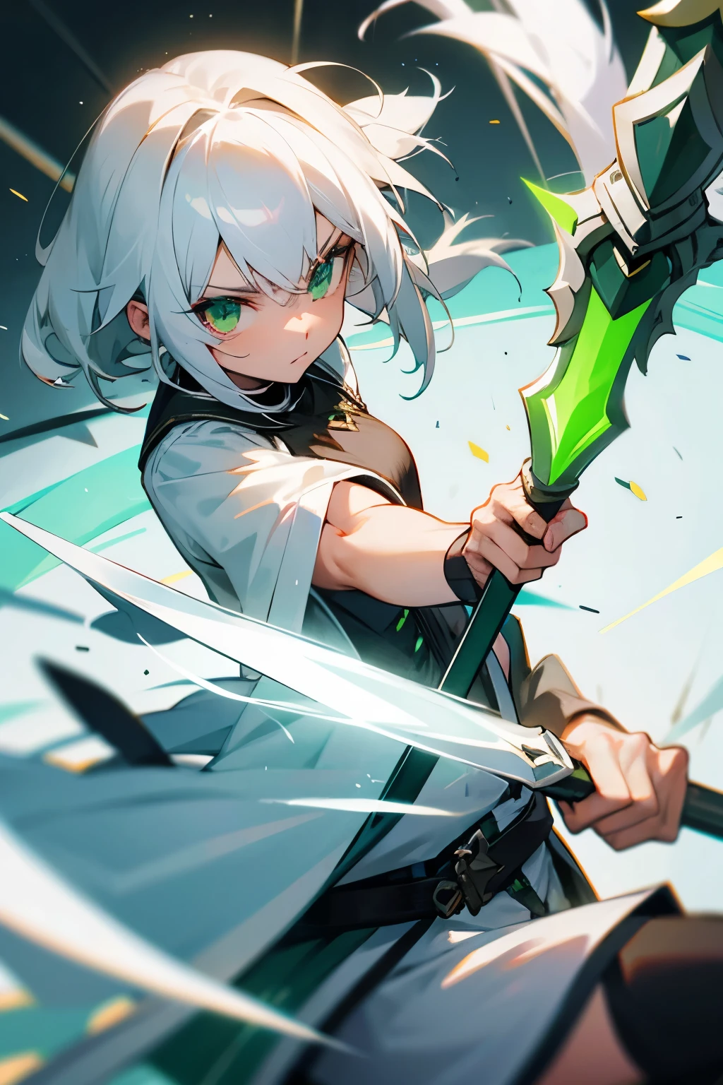 White hair Green eyes Girl Weapon Spear