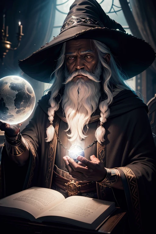 (Masterpiece: 1.2), (Best Quality), Detailed, UHD, Cinematic Lighting, Sharp Focus, (illustration: 1.1), Intricate, Old Wizard (black skin) (dark skin) (black skin color) with long white hair and beard, wearing a wizard's robe and hat, pondering a glowing orb, in a dimly lit room, magician's room, bright lights, flashing lights,