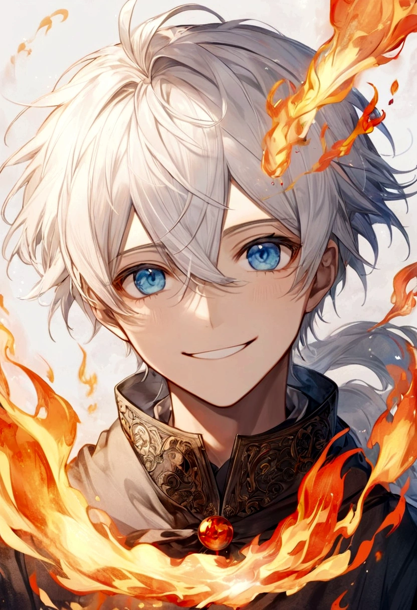 Male, Smiling, White Hair, Blue Eyes, Fire as an element