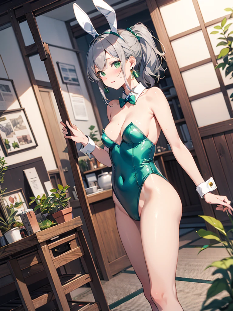 masterpiece, highest quality,Dutch Angle ,Beautiful fine details, Visual Arts,Five Fingers, Perfect hands,yuishousetsu, Gray Hair,ponytail, Tassel Earrings,(Playboy Bunny),Green leotard,Green rabbit ears,(thin),(skinny),Small breasts,indoor, Japanese architecture,blush,Embarrassing,Furrow one's brow,Sitting,