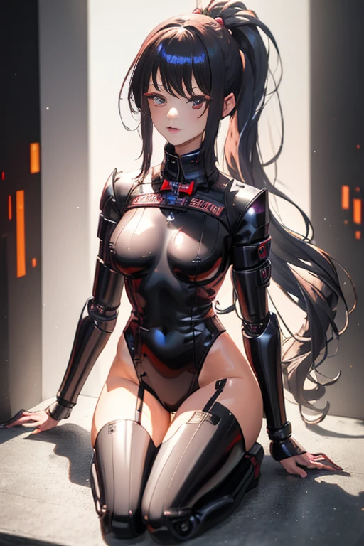 young woman, Dark blue hair, Red eyes, Goth Girl, Wearing a black Venetian, Mecha Girl, Robot Girl, Floating in the air, Robot Woman, Metals in the body, Black iron, In a cyberpunk city, 4K, masterpiece, High resolution, Anime 2D, Full Body Shot