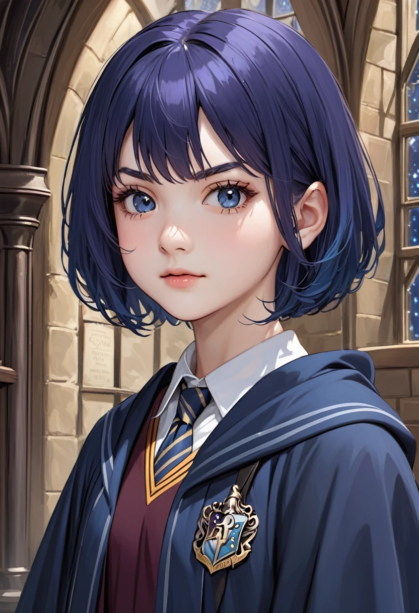Apprentice Wizard Girl,A girl attending Hogwarts School of Witchcraft and Wizardry,Ravenclaw House Robes,BREAK,(tween,beautiful detailed face,(darkblue hair-color,wavy-short hair),parallel eyebrows,small breasts),
depth of field,portrait,The Wizarding World of Harry Potter,