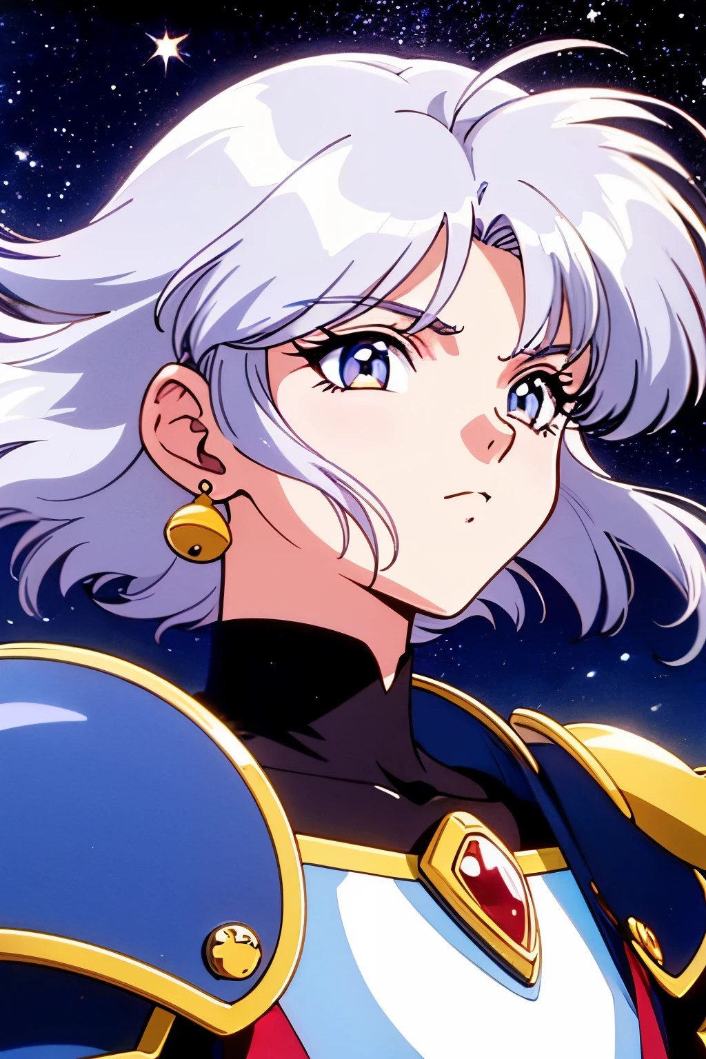 90's anime aesthetic style , white short hair , beatiful face , earings , chivalry armor , white eyes , long eyelashs , starry night , hair waving in the wind