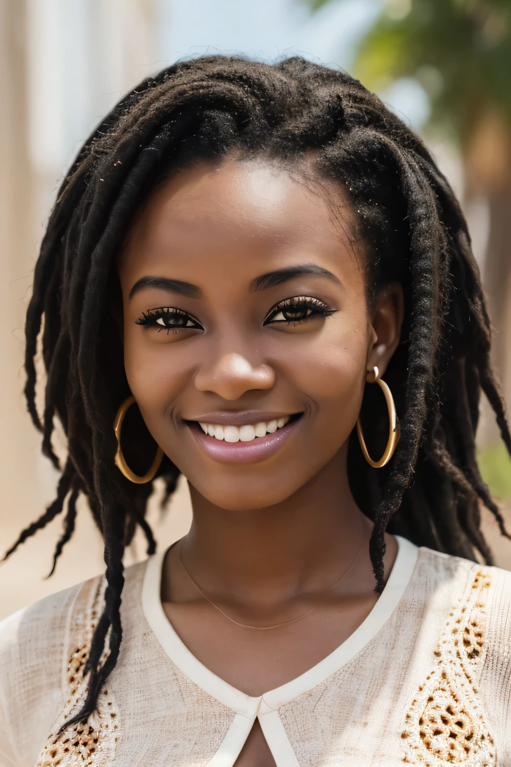 ２０A beautiful young woman、 (African woman, Black Hair、 An athletic body, Average breast size, Brown eyes, Skin beauty: 1.3), Dreadlocks、Ear piercing、blouse、smile, Beautiful teeth alignment、Intricate details, Very detailed:1.2), 、 Looking at the camera,