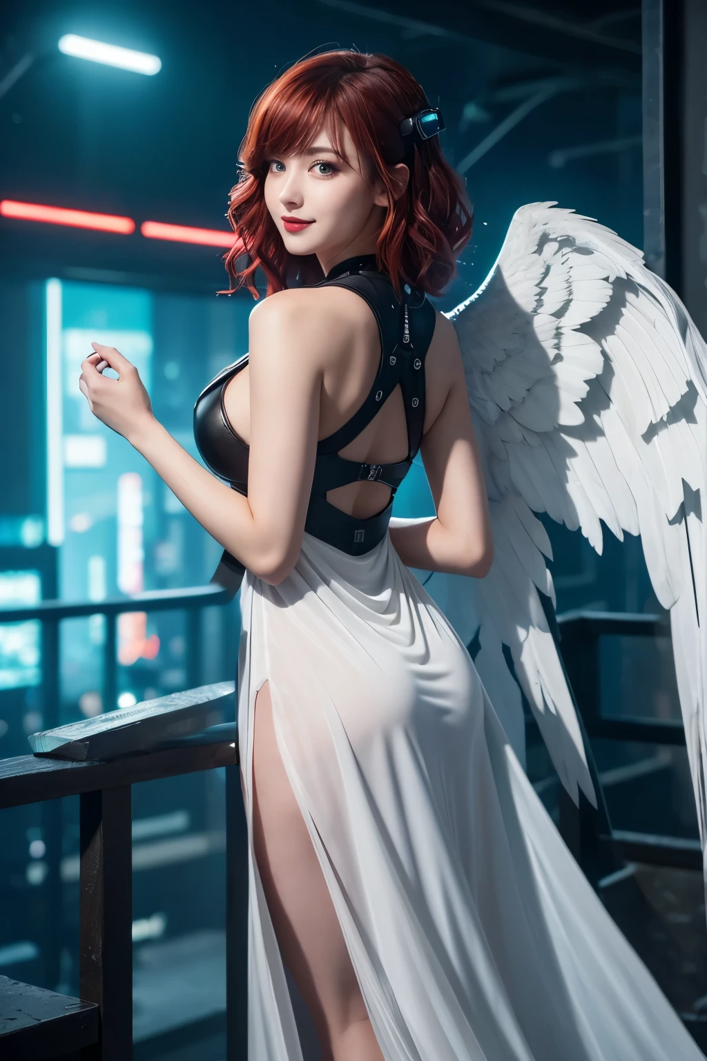 8K,White-winged angels flying in the moonlit night,Super Beauty(Like the real thing),天使の白いLong dress,Beautiful smile,Highly detailed illustration, Ultra-high resolution, masterpiece, highest quality, Perfect glowing skin, Perfect lighting, Detailed lighting, Dramatic Shadows, Ray Tracing, Looking at the audience, Small breasts, Beautifully detailed hazel eyes, Sharp Face, Clear Eyes, Red lips, Long bangs, Short Curly Hair, Red hair, ((Cyberpunk Dark City)), Upper Body, Blue combat suit, Military Harness,masterpiece,highest qualityのフォトリアリスティックなRAW写真。Bright colors,Rich colors, Backlight, Cinema Lighting, Film Grain, to be born, 50mm lens, Nikon D850,Detailed character art,Fantasy art,Ultra-high resolution,Ultra-Realistic Skin,Perfect hand shape,Big white wings,Blonde,Blue Eyes,Long dress,Flying through the sky at night,landscape,