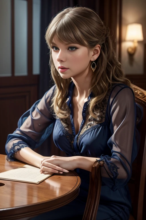 masterpiece, highest quality, Realistic, Very detailed, Finer details, High resolution, 8k wallpaper, Taylor Swift Wear a navy blue see-through blouse, At night, Light brown messy hair, Perfect dynamic composition, Beautiful and beautiful eyes、Big earrings、Sitting in a chair、