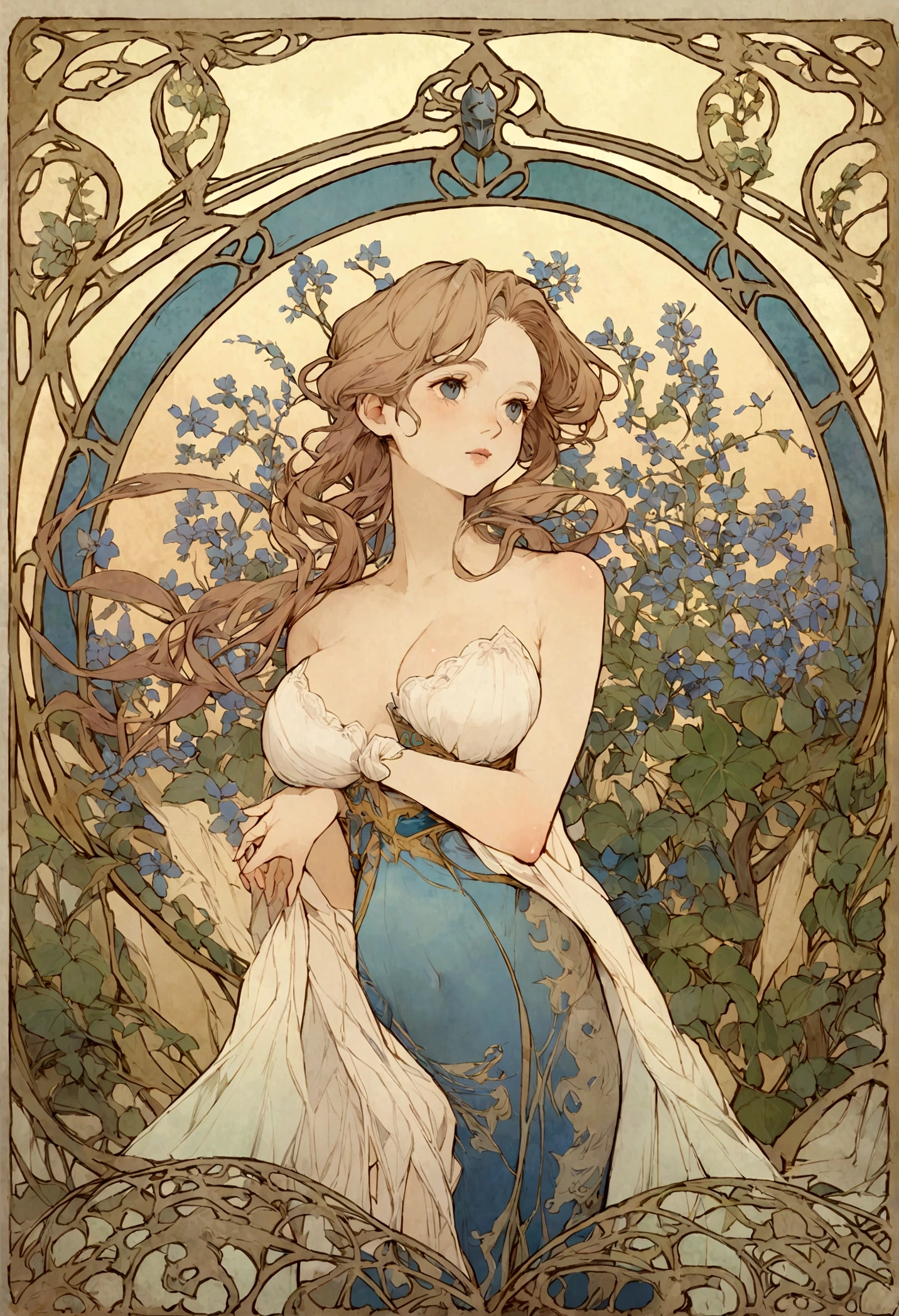 8k.Alphonse Mucha風のポスターイラスト, Two-dimensional painting, beautiful nordic woman、,Like the whole body,Slender, Art Nouveau, Background plants,c cup breasts、 Tabletop, Alphonse Mucha,Blue clematis、 Attention to detail