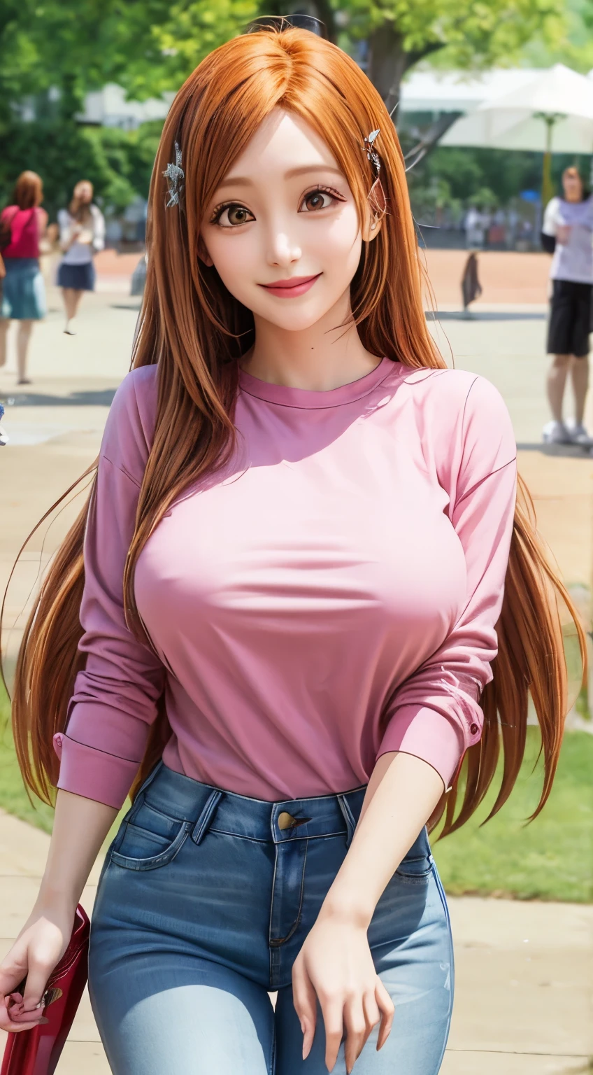 Orihime, alone, Pink Shirt, jeans, at the park, hair ornaments, smile,