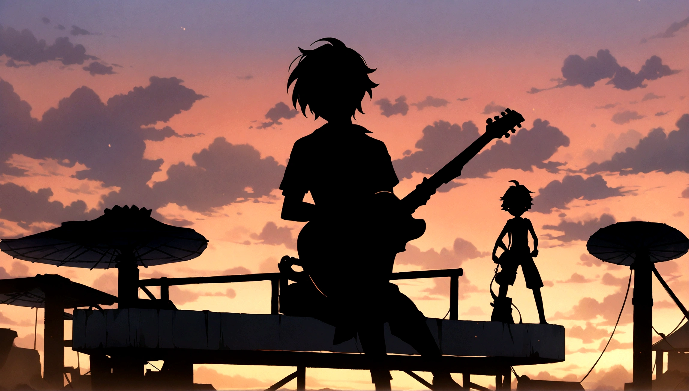 Anime boy sitting on the shelf and playing guitar at sunset, silhouette、Anime Art Wallpapers 8K, anime art wallpaper 4k, anime art wallpaper 4k, 4K Anime Style, 4k anime wallpaper, 4k anime wallpaper, 4k anime wallpaper, Wallpaper Manga 4K Wallpaper, Makoto Shinkai Cirilo Rolando, Loffy Boy