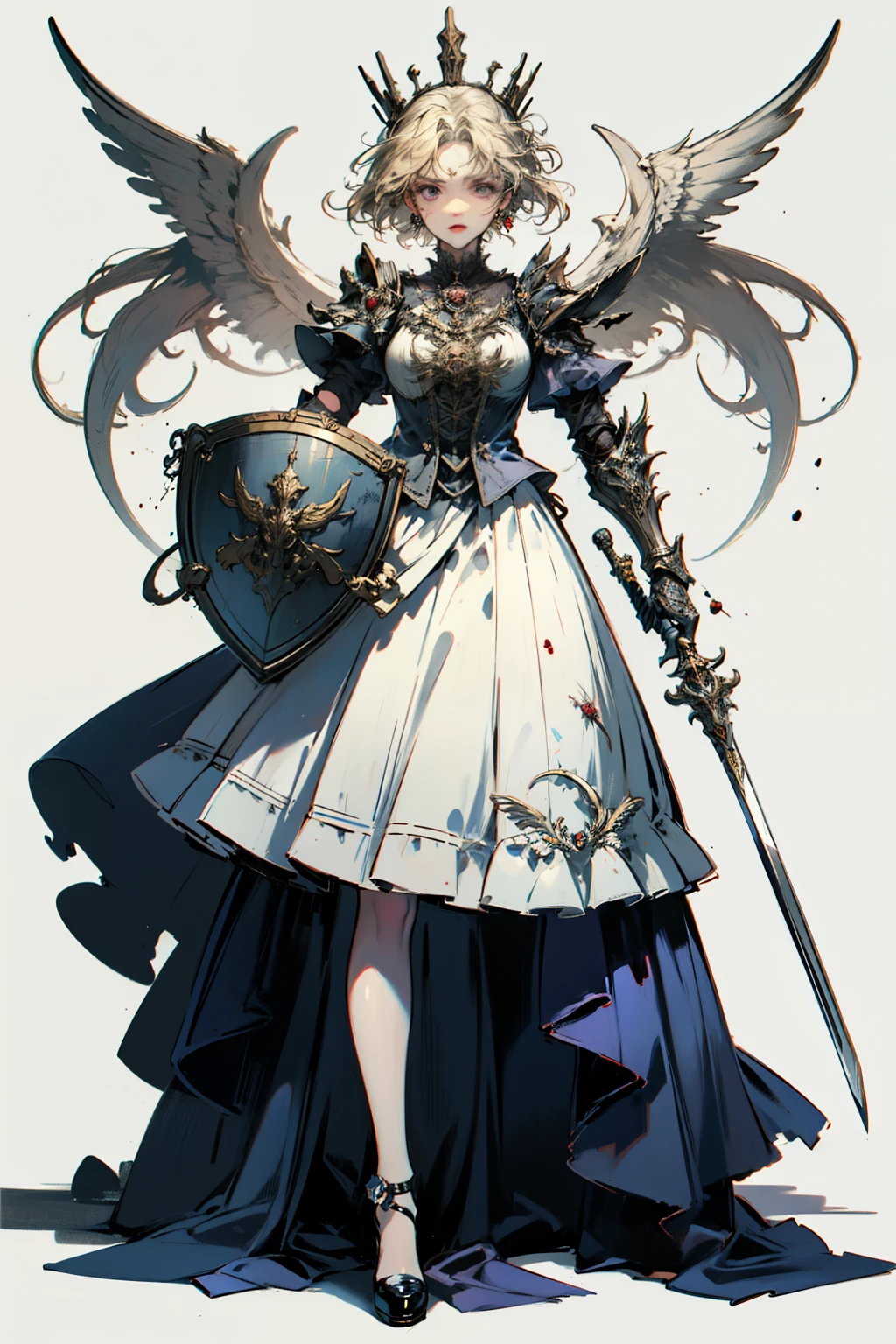 ((best quality)), ((masterpiece)), (detailed), blank white background, plain background, white background, Bloodborne inspired, occult aesthetic, occult, detailed and intricate steampunk and detailed gothic, NSFW, Very dramatic and cinematic lighting, cosmic horror, grim-dark, side-lighting, perfect face, a beaituful goddess adorned and enshrined in armour, Bloodborne inspired , occult aesthetic , occult , detailed and intricate steampunk and detailed gothic , wielding a sword and holding a shield, NSFW, Fluttering lace flared long knee length dress with frilly petticoats, knee length dress, pleated petticoats, lolita dress, petticoats gothic lolita, side-lighting, gothic lolita aesthetic, beautiful small breasts, small breasts, full body, whole body, body, plain background, white background, blank background, no background, white background NSFW, full body, whole body, head-to-toe