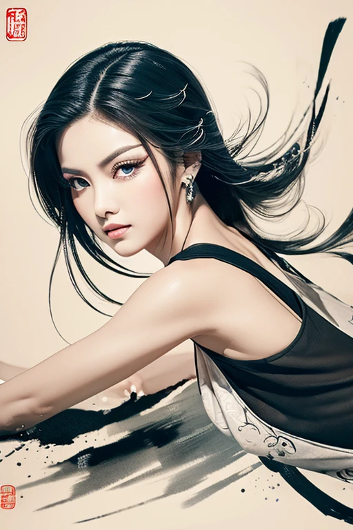(best quality,highres,masterpiece:1.2),ultra-detailed,full body shot,beautiful detailed eyes,beautiful detailed lips,extremely detailed eyes and face,longeyelashes,sexy woman practicing Kung Fu,artwork made with traditional Chinese ink painting,graceful movements,flowing black hair,energetic and fierce expression,fit and muscular body,flexible martial arts poses,dynamic dark lighting,blending of traditional and modern elements,subtle color palette,ink wash painting style,brush strokes depicting power and elegance.
