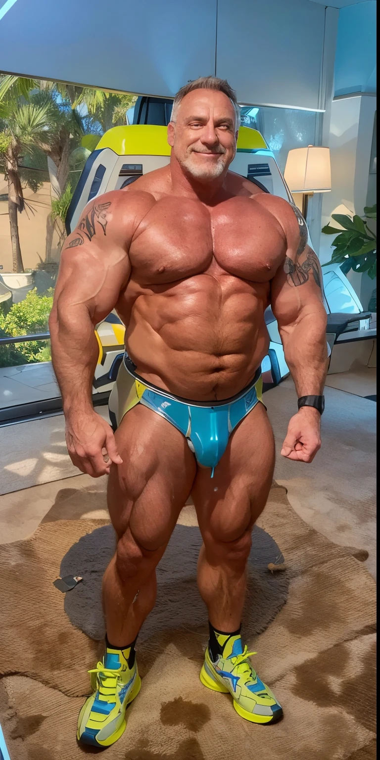 full body portrait, strong burly hairy mature older man(space captain), wearing futuristic captain's uniform insignia (neon and black) (open and revealing) (latex) , gray hair, broad shoulders, round belly, thick feet, bulging micro thong, barefoot, scifi spaceship captain uniform, neon lights, best quality elegant masterpiece, military buzzcut, dark mustache, gray stubble, latex, wearing a latex thong, big bulging crotch, futuristic gear equipment, wearing see through plastic chest armor (neon yellow and electric blue), wearing neon yellow see through chest armor, wearing electric blue latex chaps(see-through) , wearing cool neon sneakers,in spaceship cockpit, lying in spaceship sleeping quarters(bed) (view from above), smiling with teeth showing, nicebulge, waiting in bed, glowing armor, legs up(!) and spread(!) , big muscle ass, wet and dripping ass, hairy pecs, thick long legs, silver hair