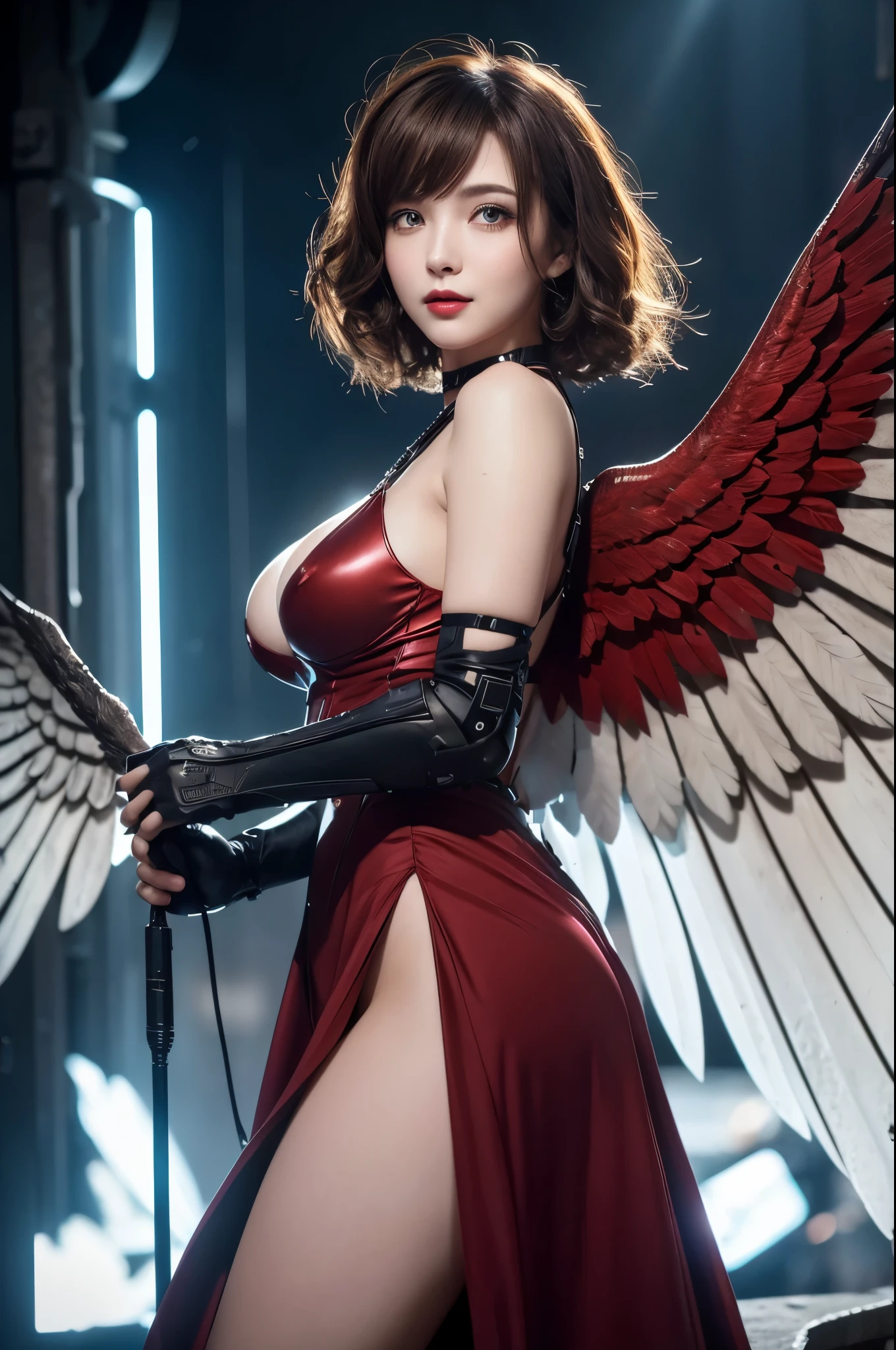 8K,White-winged angels flying in the moonlit night,Super Beauty(Like the real thing),天使の白いLong dress,Beautiful smile,Highly detailed illustration, Ultra-high resolution, masterpiece, highest quality, Perfect glowing skin, Perfect lighting, Detailed lighting, Dramatic Shadows, Ray Tracing, Looking at the audience, Small breasts, Beautifully detailed hazel eyes, Sharp Face, Clear Eyes, Red lips, Long bangs, Short Curly Hair, Red hair, ((Cyberpunk Dark City)), Upper Body, Red combat uniform, Military Harness,masterpiece,highest qualityのフォトリアリスティックなRAW写真。Bright colors,Rich colors, Backlight, Cinema Lighting, Film Grain, to be born, 50mm lens, Nikon D850,Detailed character art,Fantasy art,Ultra-high resolution,Ultra-Realistic Skin,Perfect hand shape,Big white wings,Blonde,Blue Eyes,Long dress,Flying through the sky at night,Very large breasts,Sexy pose,
