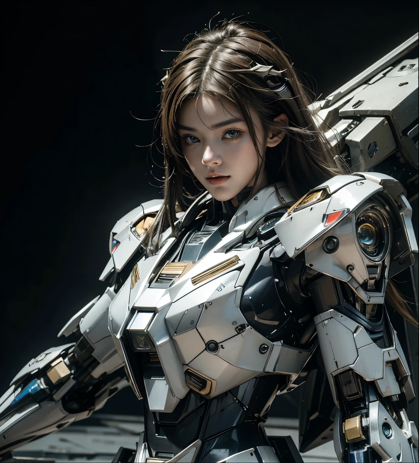 Textured skin, Super Detail, high details, High quality, Best Quality, hight resolution, 1080p, hard disk, Beautiful,(Gundam),beautiful cyborg woman,Mecha Cyborg Girl,Battle Mode,Girl with a Mecha Body,She wears a futuristic Gundam mecha,Fulll body Shot