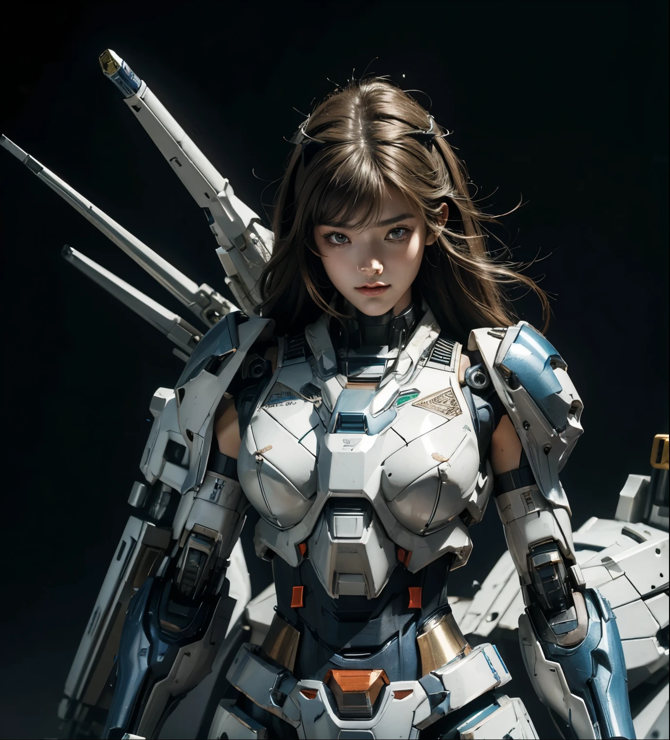 Textured skin, Super Detail, high details, High quality, Best Quality, hight resolution, 1080p, hard disk, Beautiful,(Gundam),beautiful cyborg woman,Mecha Cyborg Girl,Battle Mode,Girl with a Mecha Body,She wears a futuristic Gundam mecha,Fulll body Shot