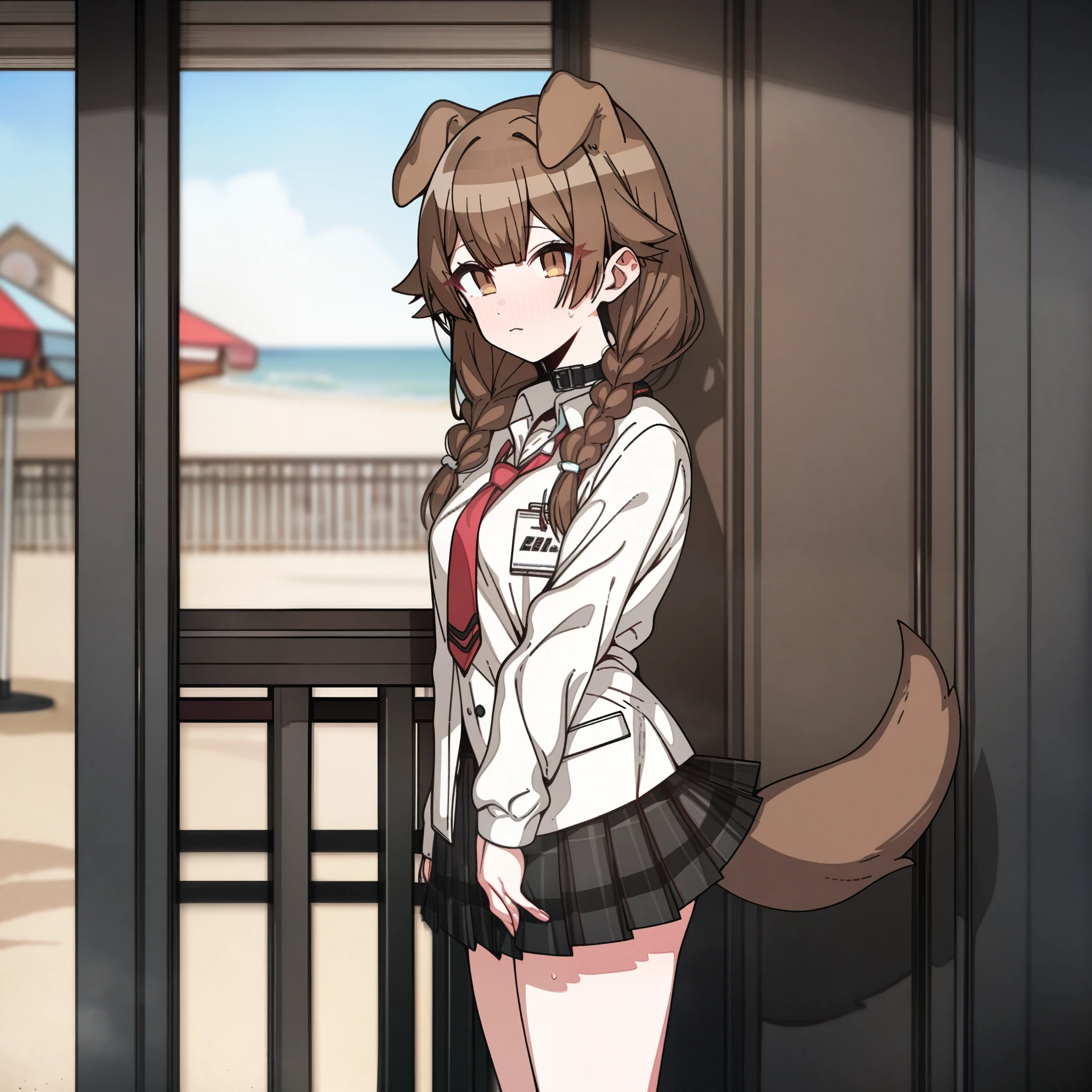 hoshino_(blue_archive) with brown hair and brown eyes, Artist, erere, Copyrights, idolmaster, idolmaster_shiny_colors, Character, General, 1girl, brown_hair, blunt_bangs, blush, medium_breasts, breasts, detailed eyelashes, beatiful girl:1, brown_eyes, censored, school_uniform, pleated skirt, blazer, red tie, dog_tail, animal_collar, twin_braids, dog_ears, bone_hair_ornament, :|, (full_body) (standing in middle, beach_umbrella), sky:0.7, detailed, sand, outdoors, from_side, looking_at_viewer, masterpiece, best_quality, great_quality, girl, solo, center_composition, centered character, cute