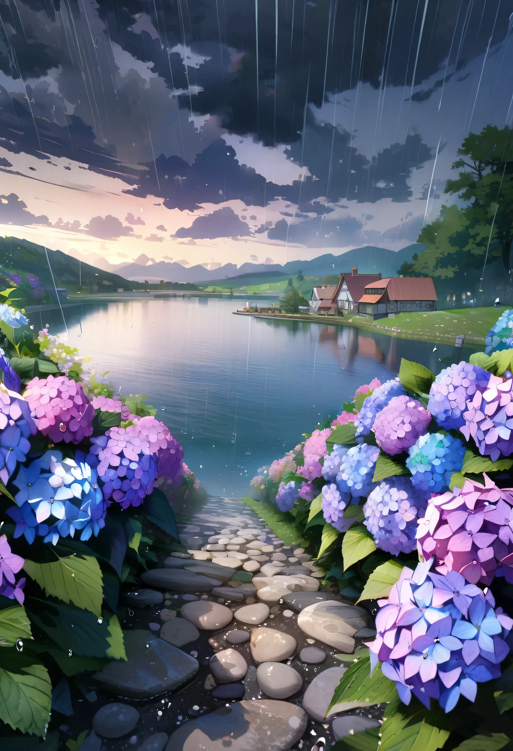 Hydrangea, garden, lake, Small hill, Pebble Road,anime, masterpiece, Rain,Cloudy,highest quality, Anatomically correct, Attention to detail, 8k, wallpaper,Water droplets sparkle,Dark Sky