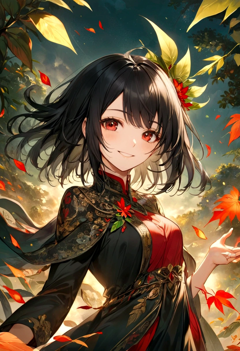 Female, Smiling, Black Hair, Red Eyes, Leaf as an element