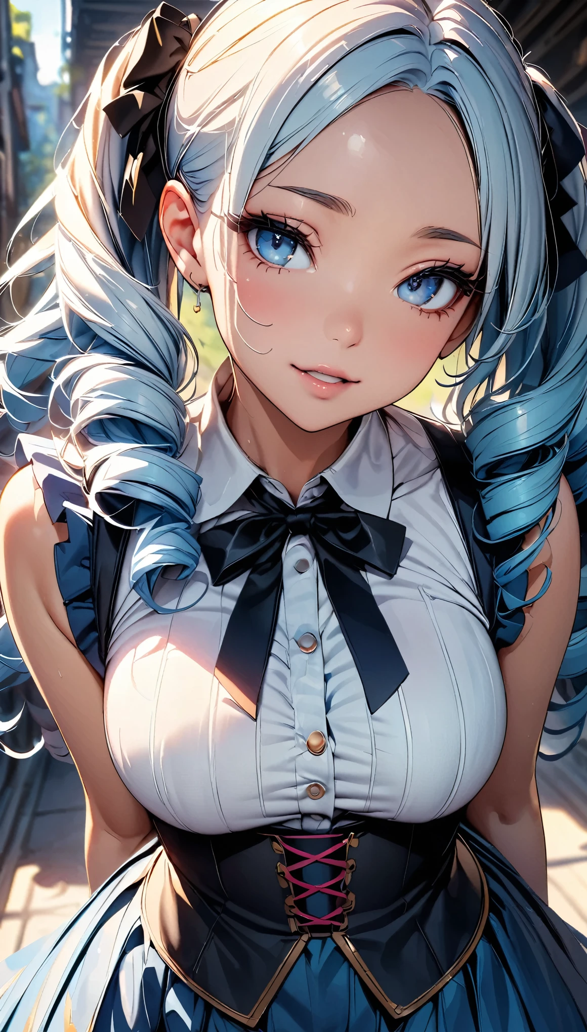 (highest quality, 8k, 4K, High resolution, masterpiece:1.2), Very detailed, Beautiful illustrations, Bright colors, Lens flare, Natural light, one person, woman, Beautiful facial details, Beautiful Eyes, Beautiful eyelids, Long eyelashes, Soft lips, (Small face), (Light blue hair, Drill Hair, Light blue eyes), Perfect Face, Shiny skin, (Beautiful breasts), Laughing with your mouth open:1.2, (Frills:1.2, dress, corset), (Staring at the audience, Cowboy Shot), Light and shadow with attention to detail, Background Blur.