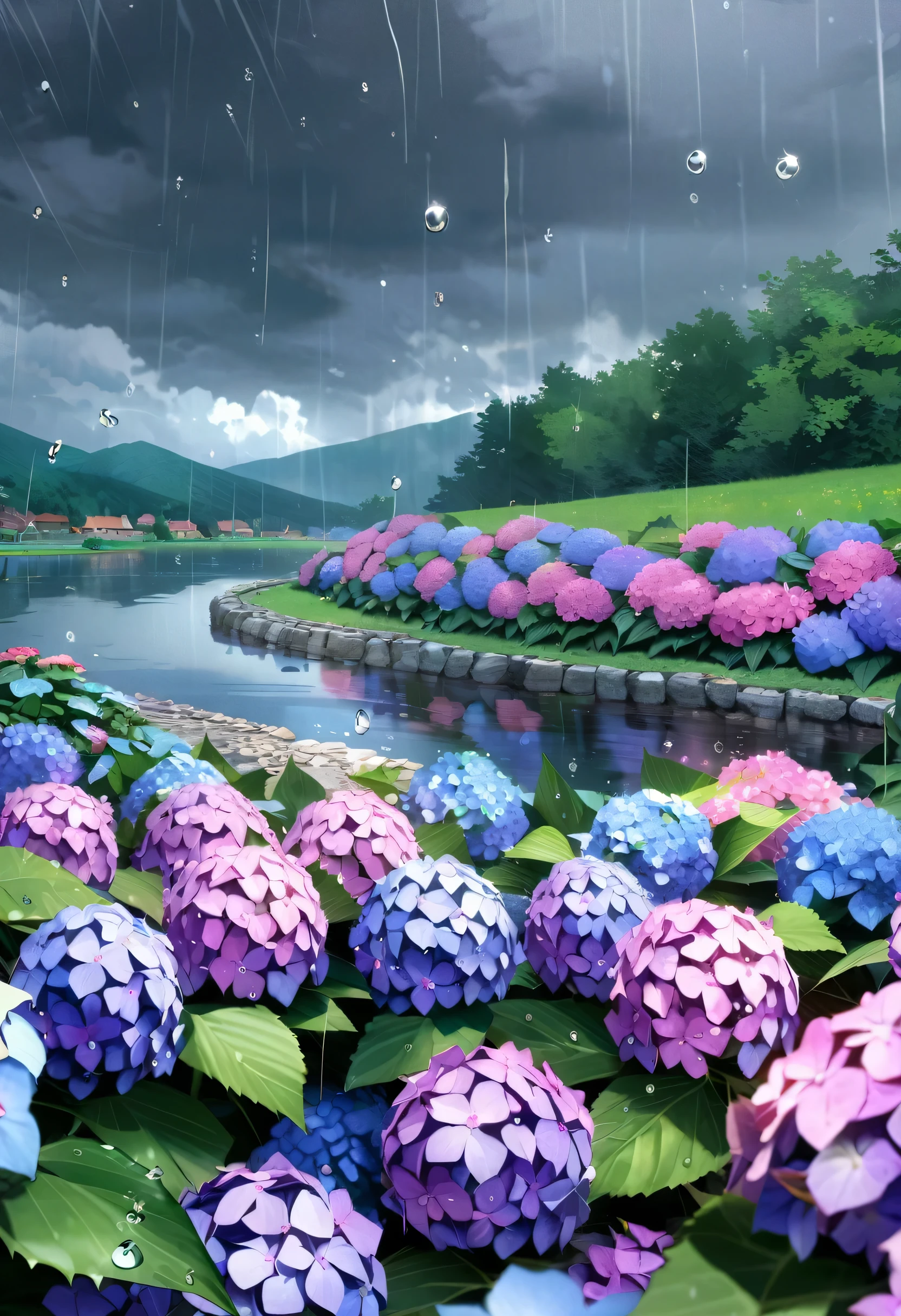 Hydrangea, garden, lake, Small hill, Pebble Road,anime, masterpiece, Rain,Cloudy,highest quality, Anatomically correct, Attention to detail, 8k, wallpaper,Water droplets sparkle,Dark Sky