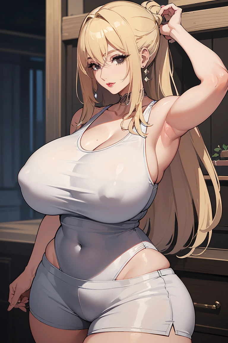 (Uhd, Masterpiece, Textured Skin, Super Detail, High Details, High Quality, Best Quality), Detailed Face, 1woman, mature pretty woman:1.5, ((Wide hips, thick thighs, massive huge breasts)), Blonde hair tied up, (White tank top shirt/demian shorts), (Huge Body)