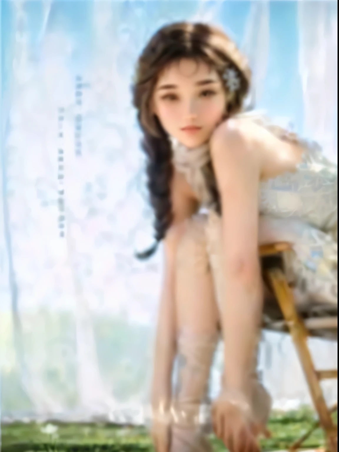 • Green, pastoral, yarn (lace) and translucent elements should appear in the picture.
• Overall bright clothing
• Have a pure sense of desire (girl, full body photo, calf should be decorated with lace
Hairstyle
• Natural, idyllic (don't wrap a headscarf), hair on the forehead, hairstyle is not too retro
Key words
• Girls, summer, breeze, virtualization, soft focus, air, diffuse light The picture is a full-body photo with no shoes on the feet.