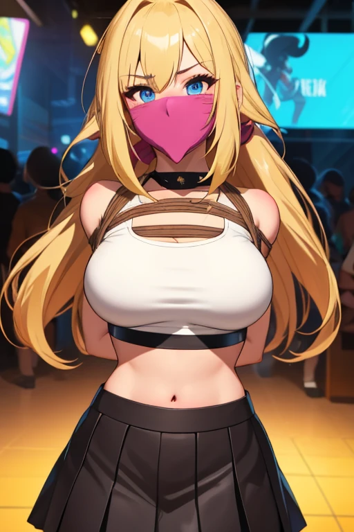 1 girl, detailed blue eyes, lange wimpern, detailed beautiful face, long ponytail, (very Long blonde hair:1.4), festgebunden, (arms behind back:1.6), gefesselte Arme, (blushing:1.3), (Big boobs:1.1), OTN, White OTN gag, Gag, gagged, bound knees and ankles, shibari over clothes, (black skirt, White crop top:1.4), standing in a beach night Club, many people around, tied gag, nah aufnahmen