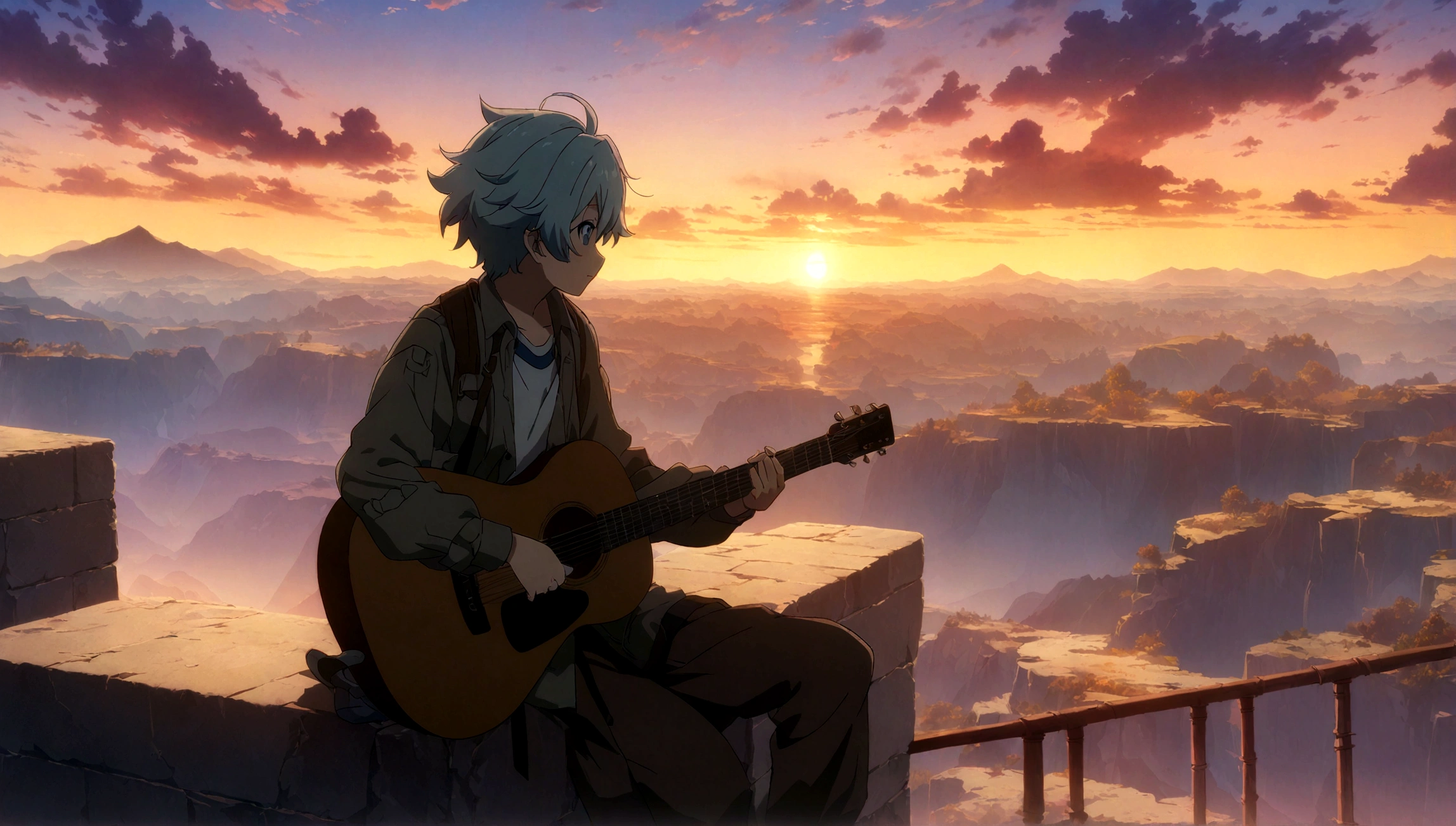 Anime boy sitting on the shelf and playing guitar at sunset, alone、Anime Art Wallpapers 8K, anime art wallpaper 4k, anime art wallpaper 4k, 4K Anime Style, 4k anime wallpaper, 4k anime wallpaper, 4k anime wallpaper, Wallpaper Manga 4K Wallpaper, Makoto Shinkai Cirilo Rolando, Loffy Boy