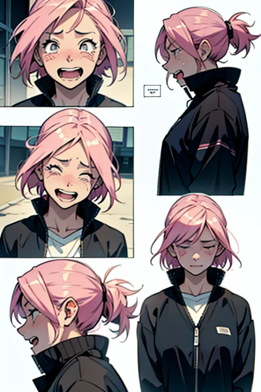Insane girl with pink hair laughing while crying with tears, manga page with panels and dialogue