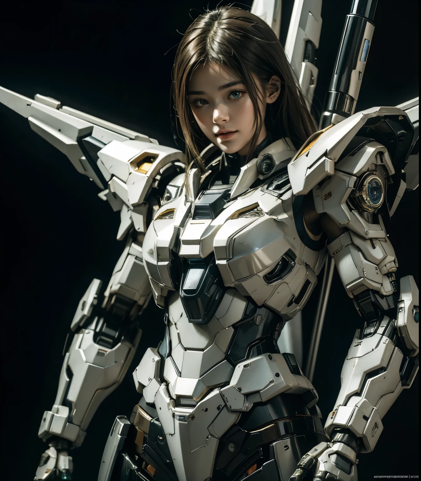Textured skin, Super Detail, high details, High quality, Best Quality, hight resolution, 1080p, hard disk, Beautiful,(Gundam),beautiful cyborg woman,Mecha Cyborg Girl,Battle Mode,Girl with a Mecha Body,She wears a futuristic Gundam mecha,Fulll body Shot