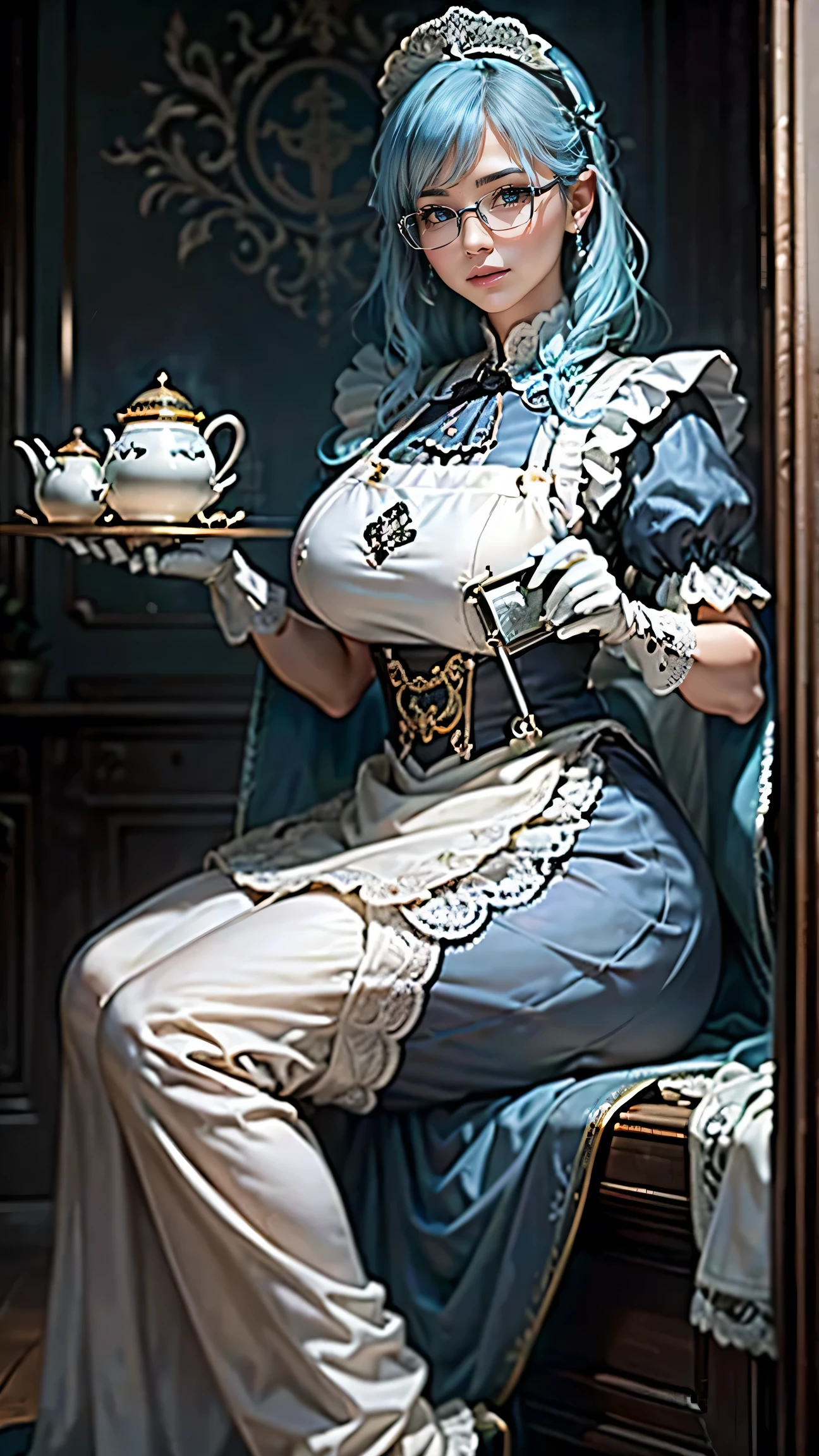 highest quality、masterpiece、8k、Realistic、超High resolution、Very delicate and beautiful、High resolution、Cinema Lighting、medium range shooting、Portraiture、Perfect female body、(Light blue hair:1.6、Big Breasts:1.4)、Opposition、Looking at the audience、((Maid from Another World、Black and white maid outfit、Lace Apron、Frilled head dress、White gloves、Glasses、Neat hairstyle))、A kind smile、Sharp insight、Cleaning tools、Silver tray、Polite gestures、Clean shoes、Excellent customer service skills、Secret Undercover Job、Magical Power、Faithful Service、Intricate embroidery、Pocket Watch、Otherworldly Mansion、Elegant behavior、Archaic language、Sturdy shoes、Custom made uniforms、Soft voice、Magic Items、classy attitude、Green garden、Night Patrol、Quiet footsteps、Loyal Family Protector。