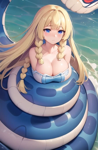 masterpiece, best quality, illustration, highly detailed, Lillie(pokemon) length hair, blonde hair, floating hair, twin braids, messy hair, unique hair detailed, beautiful detailed eyes, cleavage, snake,(python), (coiled), snake scales detailed, snake wrapped tightly, restrained, sad face