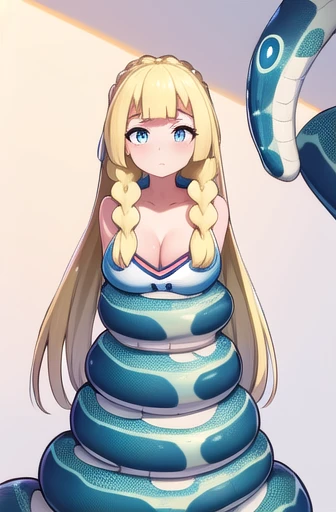 masterpiece, best quality, illustration, highly detailed, Lillie(pokemon) length hair, blonde hair, floating hair, twin braids, messy hair, unique hair detailed, beautiful detailed eyes, cleavage, snake,(python), (coiled), snake scales detailed, snake wrapped tightly, restrained, sad face