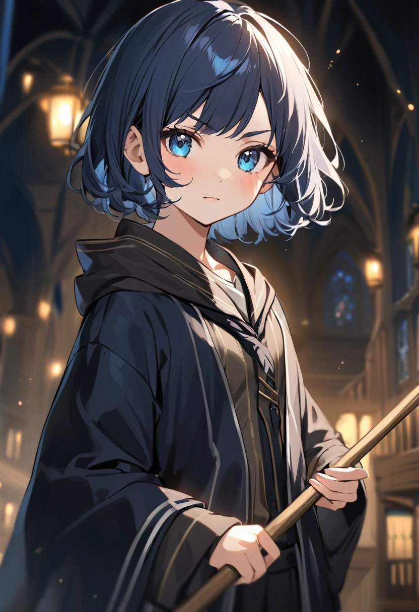 Apprentice Wizard Girl,A girl attending Hogwarts School of Witchcraft and Wizardry,Ravenclaw House Robes,BREAK,(tween,cute,detailed face,(darkblue hair-color,wavy-short hair),parallel eyebrows,small breasts),
depth of field,portrait,The Wizarding World of Harry Potter,