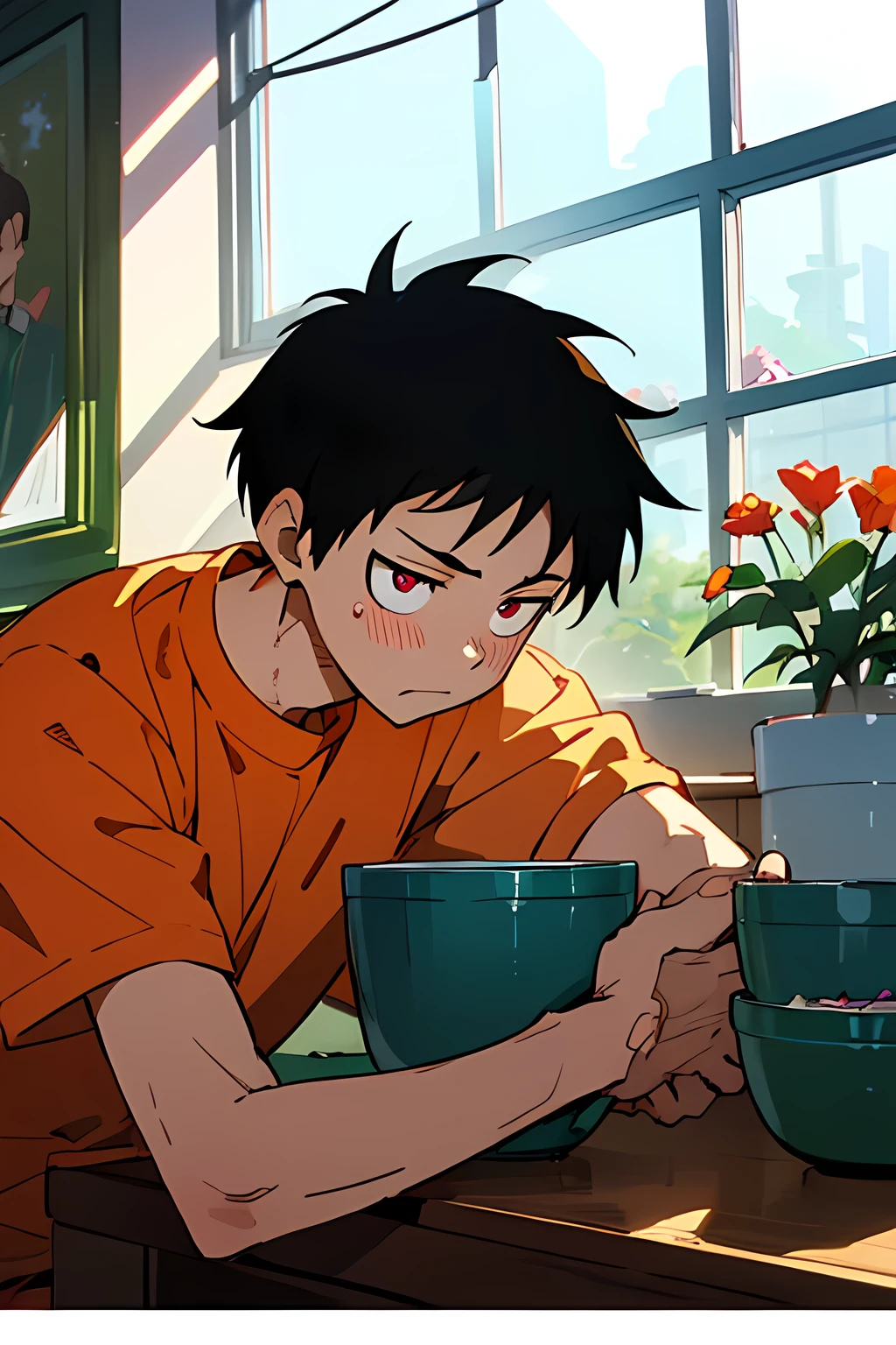 masterpiece,best quality,masterpiece,best quality,official art,extremely detailed CG unity 8k wallpaper,Slight retro color,riso print style,illustration,handsome,1teenage boy,Flowers,Windowsill,flowerpot,kusakabe shinra,anime,close up,detail.