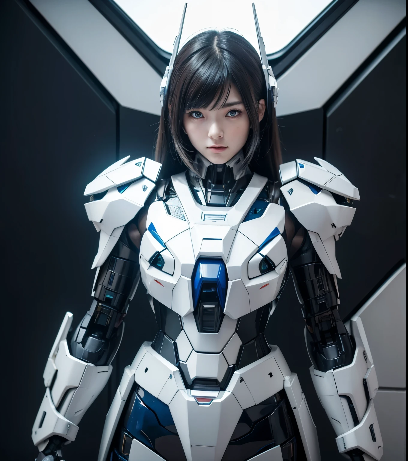 Textured skin, Super Detail, high details, High quality, Best Quality, hight resolution, 1080p, hard disk, Beautiful,(Gundam),beautiful cyborg woman,Mecha Cyborg Girl,Battle Mode,Girl with a Mecha Body,She wears a futuristic Gundam mecha,Fulll body Shot