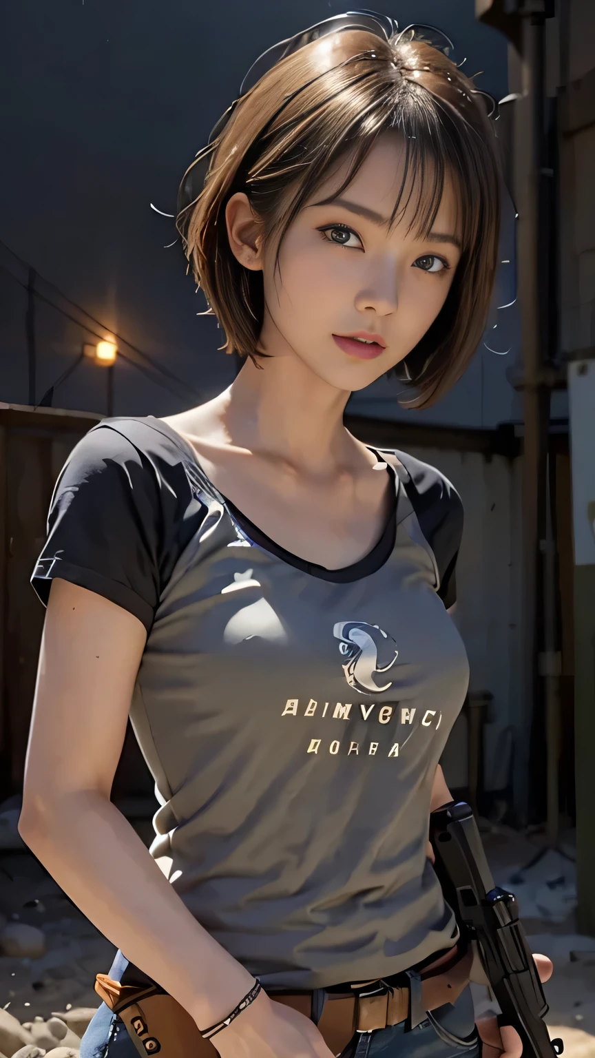 photograph, (Realistic: 1.4), (Surreal: 1.4), (Cinematic: 1.5), 20-year-old women, Japan, Woman with a gun, (Desert Eagle), Nikita, night, Cyan Light, tension, short hair, Holding a gun in both hands, underground, Black T-shirt, Electrical cord on the wall, water pipe