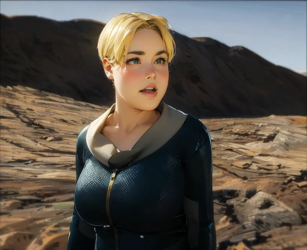 highly detailed and ultra-realistic anime portrait of a chubby young woman standing in a rugged, desert-like landscape. She has short, golden blonde hair. Her eyes are a vibrant green, expressive and piercing, with finely detailed eyelashes and eyebrows. She has a fair chubby complexion with subtle, natural skin texture and a slight blush on her cheeks. She is wearing a form-fitting, futuristic dark blue jumpsuit with a high collar and a front zipper, made of a textured, high-tech fabric that reflects the light subtly. 