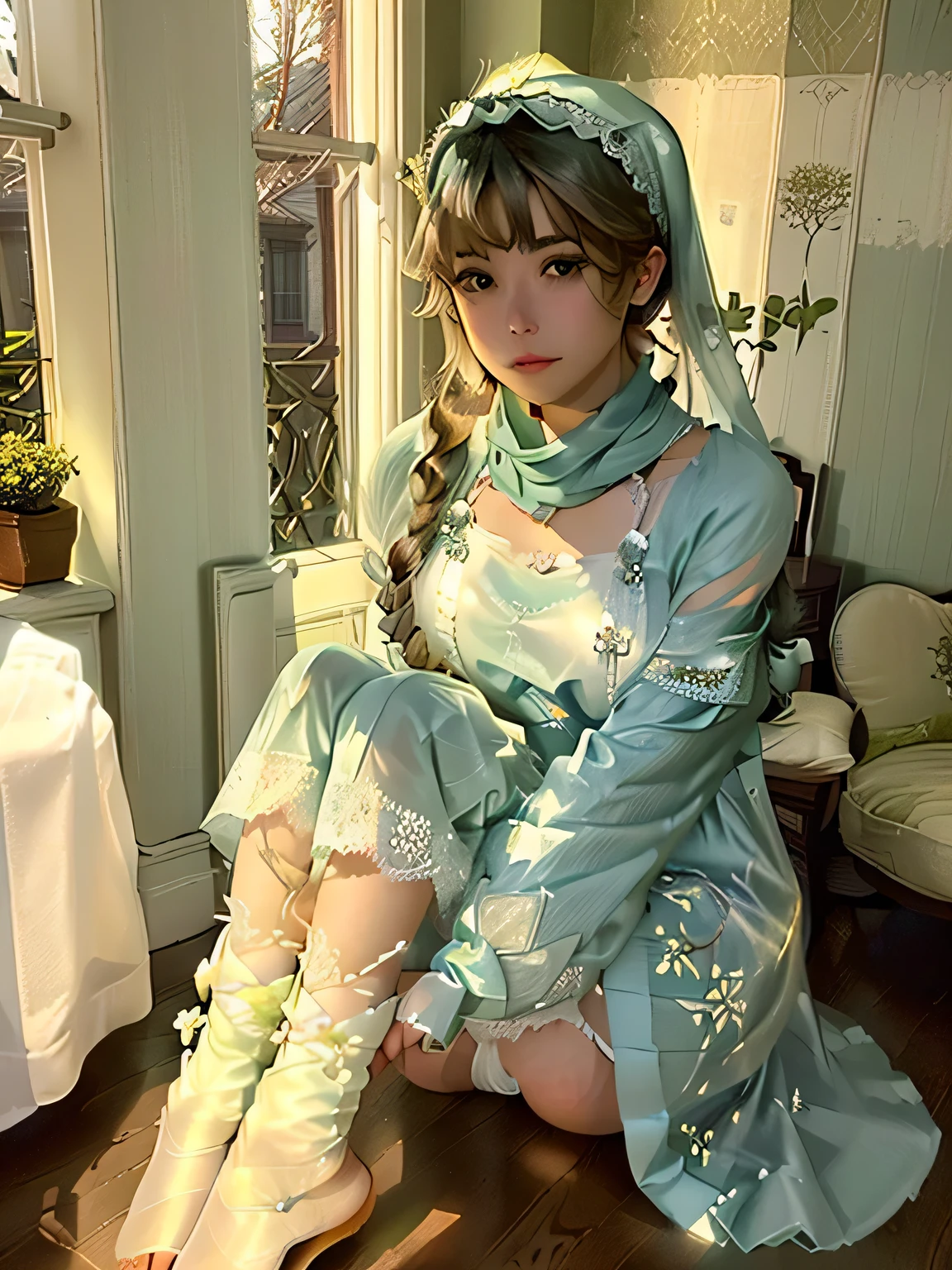 • Green, pastoral, yarn (lace) and translucent elements should appear in the picture.
• Overall bright clothing
• Have a pure sense of desire (girl, full body photo, calf should be decorated with lace
Hairstyle
• Natural, idyllic (don't wrap a headscarf), hair on the forehead, hairstyle is not too retro
Key words
• Girls, summer, breeze, virtualization, soft focus, air, diffuse light The picture is a full-body photo with no shoes on the feet.
