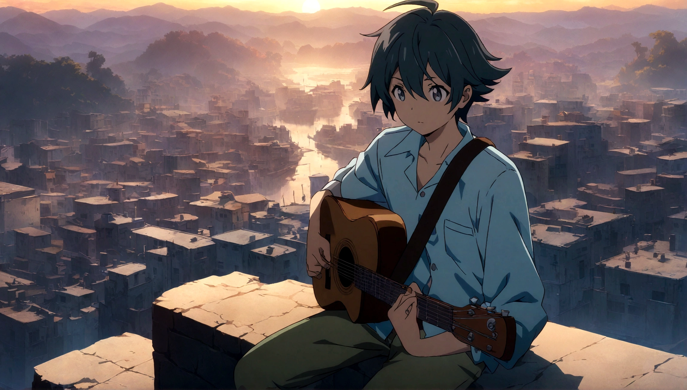 Cartoon young man sitting on a ledge at sunset and playing the guitar, alone、The city seems far away、Anime Art Wallpapers 8K, anime art wallpaper 4k, anime art wallpaper 4k, 4K Anime Style, 4k anime wallpaper, 4k anime wallpaper, 4k anime wallpaper, Wallpaper Manga 4K Wallpaper, Makoto Shinkai Cirilo Rolando, Loffy Boy